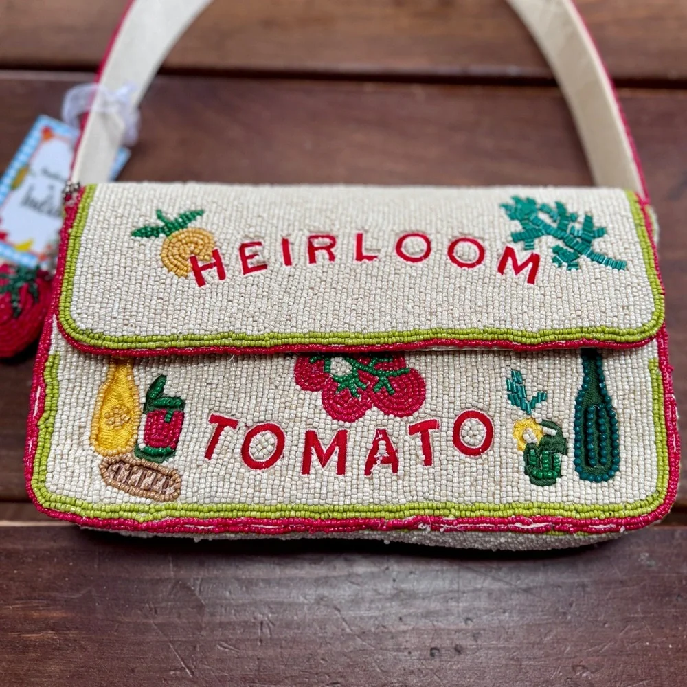 Heirloom Tomato Beaded Shoulder Bag - Cream with Tomato Bag Charm - Picture 10 of 13